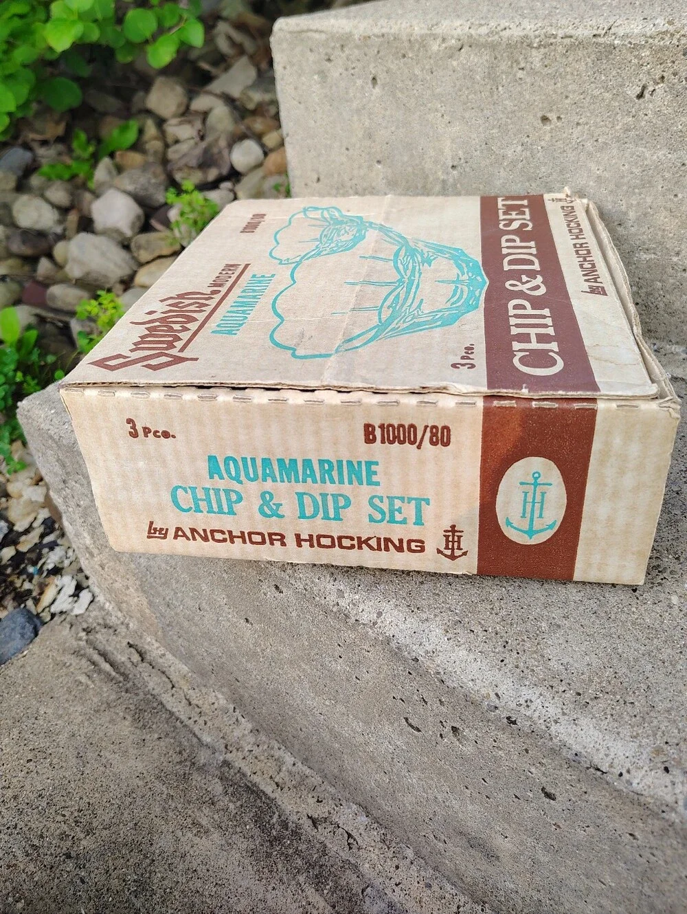 Vintage Anchor Hocking Swedish Modern Aquamarine Chip Dip Set B1000/80 MCM Box